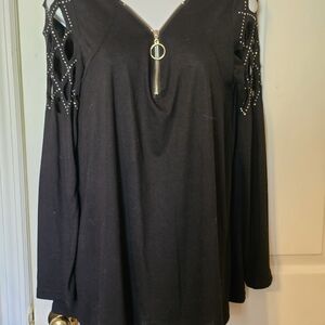 Source Unknown Black Cold Shoulder Top with Studded Detail